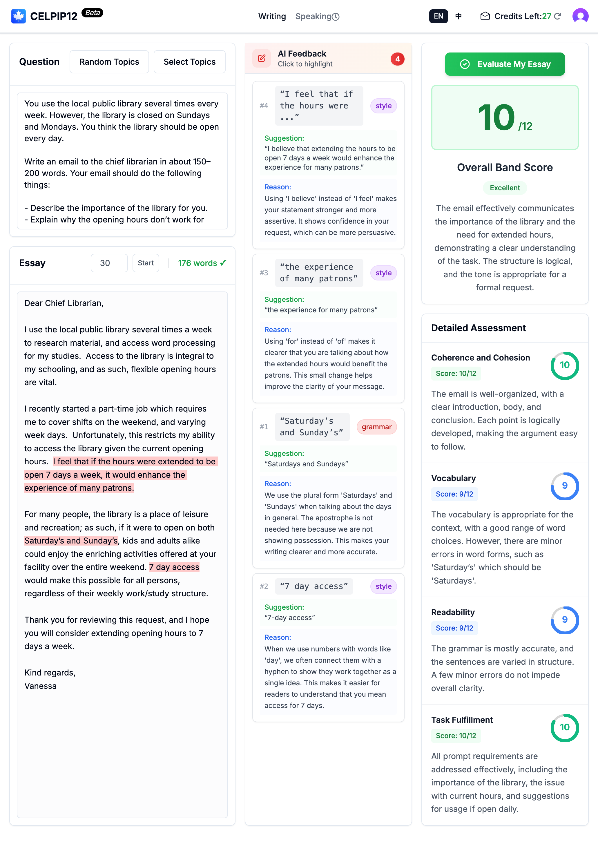 CELPIP12 Writing Practice Platform Interface